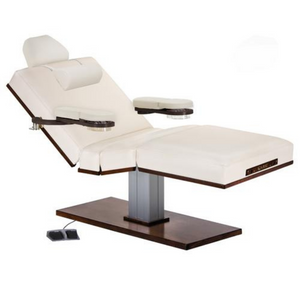 LEC Pedestal Massage Top Electric Lift Table with Salon top and pedestal base, upholstered surface and foot-pedal height control, designed for use in Med Spas, Esthetic and Massage Therapy Practices illustrating the accessory pack.