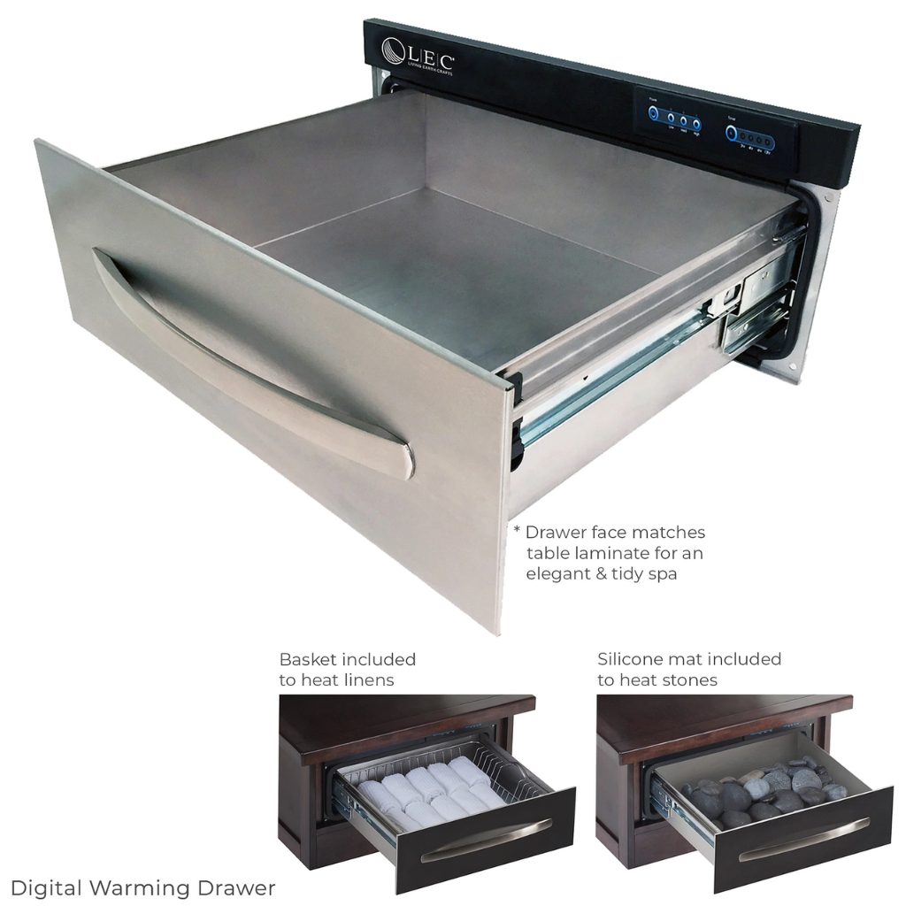 LEC Pro Salon™ Deluxe Classic Cabinetry shown with optional digital warming drawer.