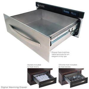 LEC Pro Salon™ Deluxe Classic Cabinetry shown with optional digital warming drawer.