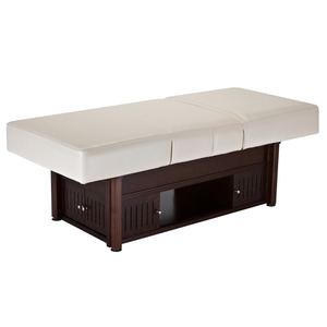 LEC Pro Salon Kensington Multi-Purpose Hydraulic Treatment Table shown with a flat top and open doors