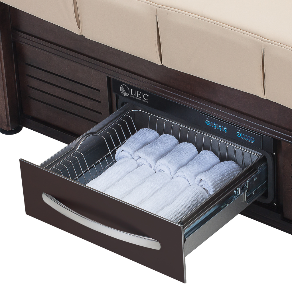 LEC Pro Salon Kensington™ +Studio illustrating the open built in warming drawer.
