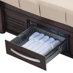 LEC Pro Salon Kensington™ +Studio illustrating the open built in warming drawer.