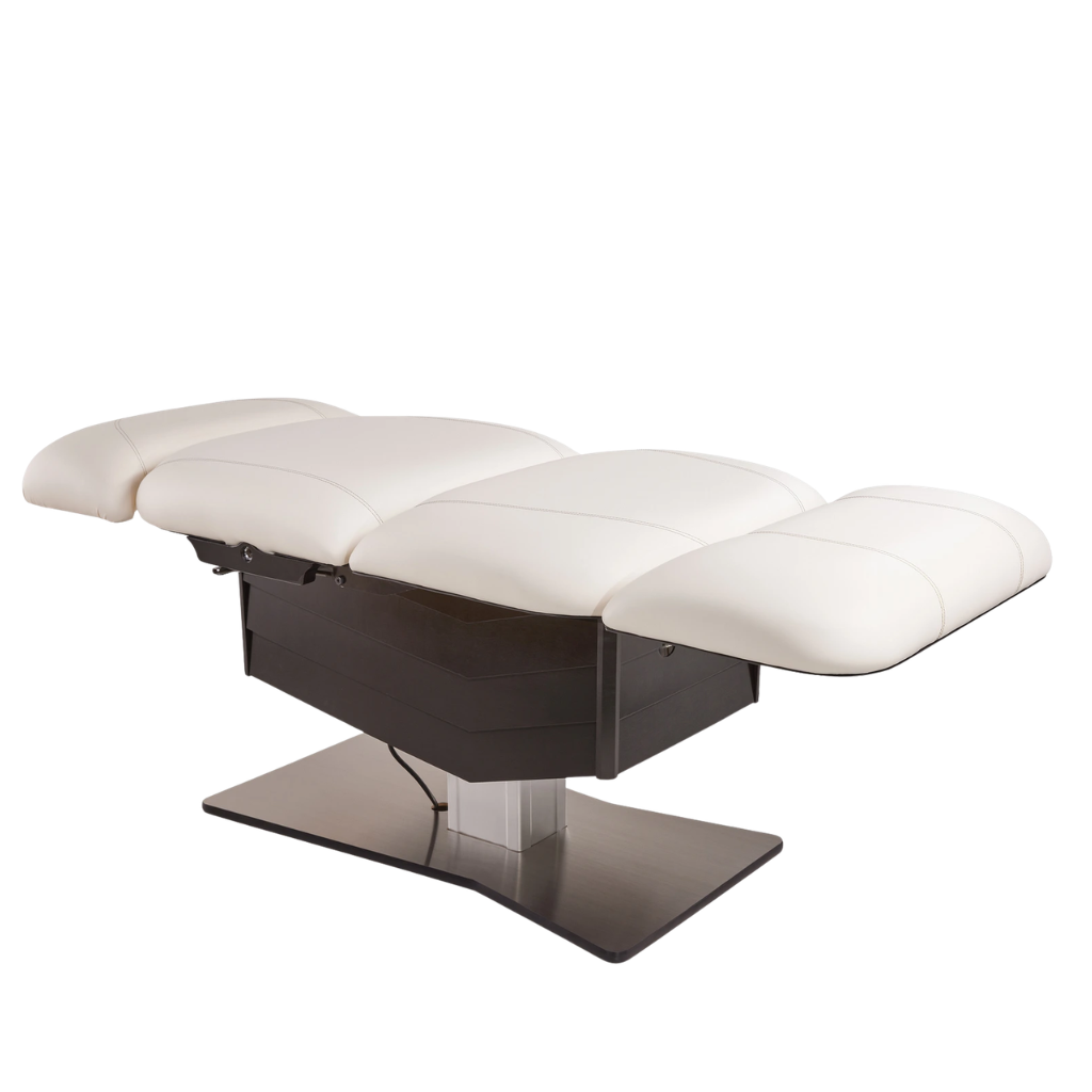 LEC Tribeca All-in-One Med Spa Chair Chevron Base with brushed aluminum chevron base, neutral upholstery, and adjustable positioning for Med Spa, Aesthetic, and Wellness Practices illustrating the flat position.
