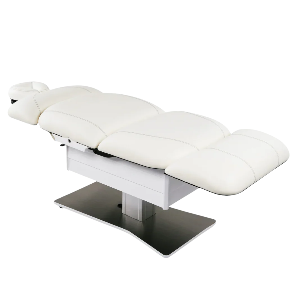 LEC Tribeca All-in-One Med Spa Chair Linear Base with brushed aluminum chevron base, neutral upholstery, and adjustable positioning for Med Spa, Aesthetic, and Wellness Practices illustrating the flat position.
