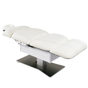 LEC Tribeca All-in-One Med Spa Chair Linear Base with brushed aluminum chevron base, neutral upholstery, and adjustable positioning for Med Spa, Aesthetic, and Wellness Practices illustrating the flat position.