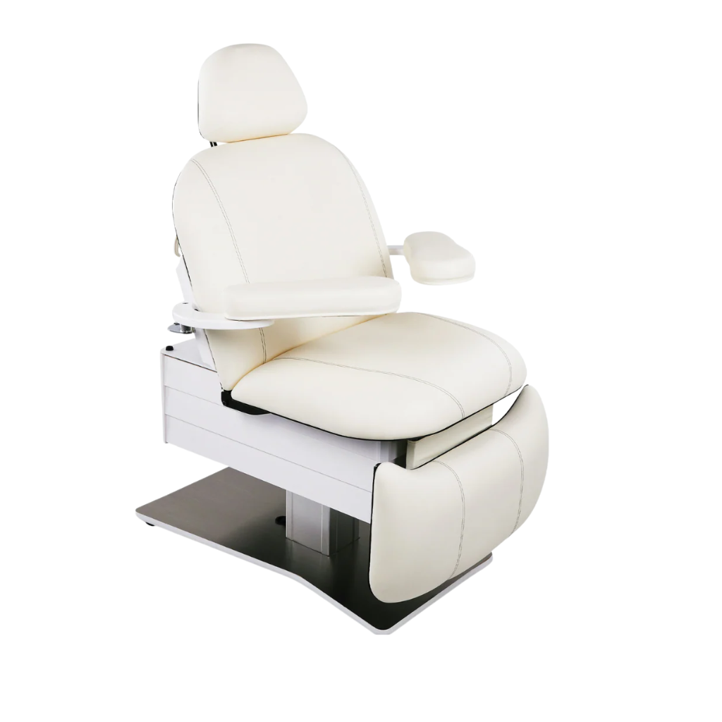 LEC Tribeca All-in-One Med Spa Chair Linear Base with brushed aluminum chevron base, neutral upholstery, and adjustable positioning for Med Spa, Aesthetic, and Wellness Practices illustrating the upright position.