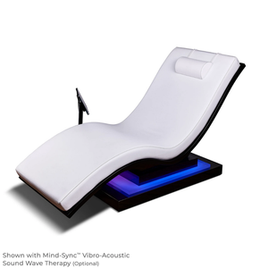 LEC Wave Reset Lounger with optional IceBlock base and shown with Mind-Sync Vibro-Acoustic Sound Wave Therapy in an upright position.