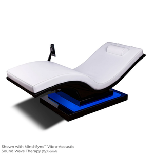 LEC Wave Reset Lounger with optional IceBlock base and shown with Mind-Sync Vibro-Acoustic Sound Wave Therapy in an tilted position.