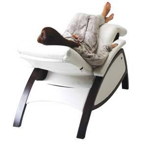 LEC ZG Dream Lounger fully reclined in zero gravity position with wooden legs for IV therapy and medical wellness practices.