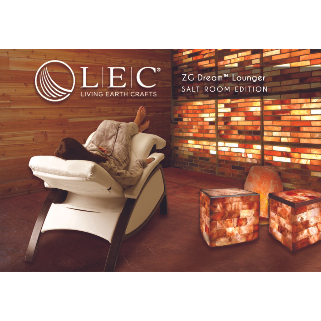 LEC ZG Dream Lounger Salt Room Edition in a modern wellness setting with metal legs and zero gravity reclining design.