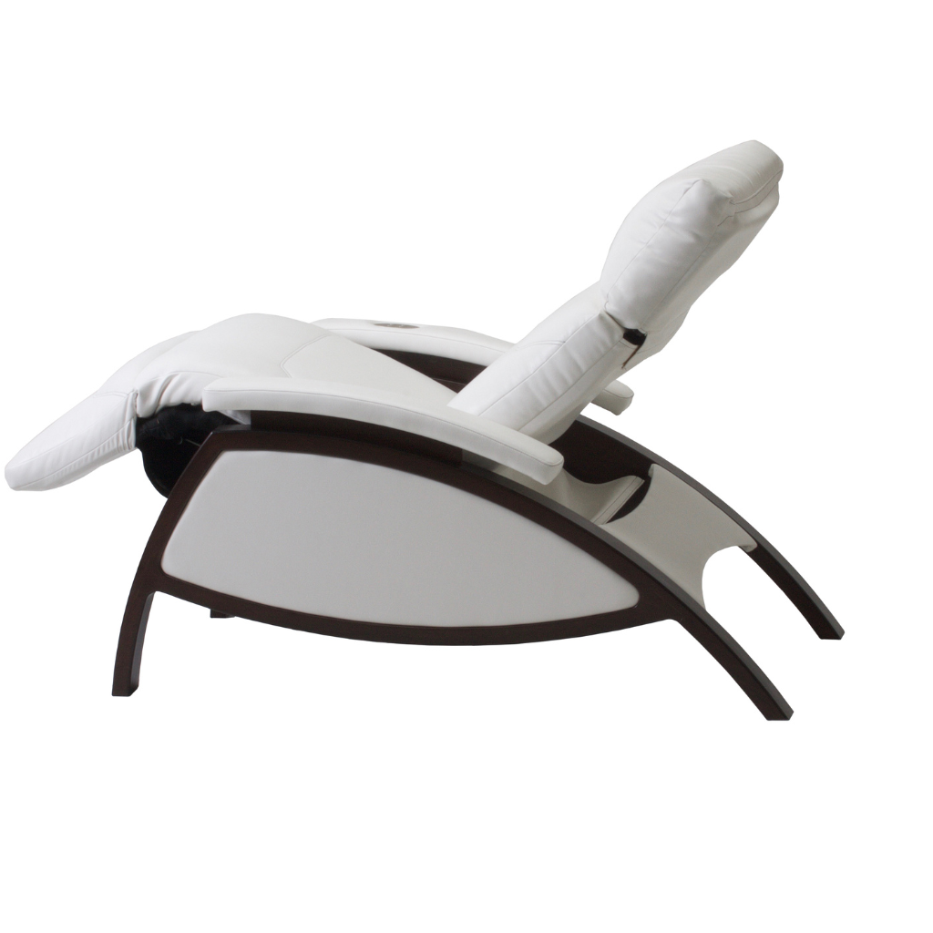 LEC ZG Dream Lounger upholstered side view, reclining zero gravity chair with wooden legs for medical wellness practices.