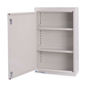 The Lakeside Dual Locking Narcotic Cabinet (LNC-2) shown with the door open and two adjustable shelves