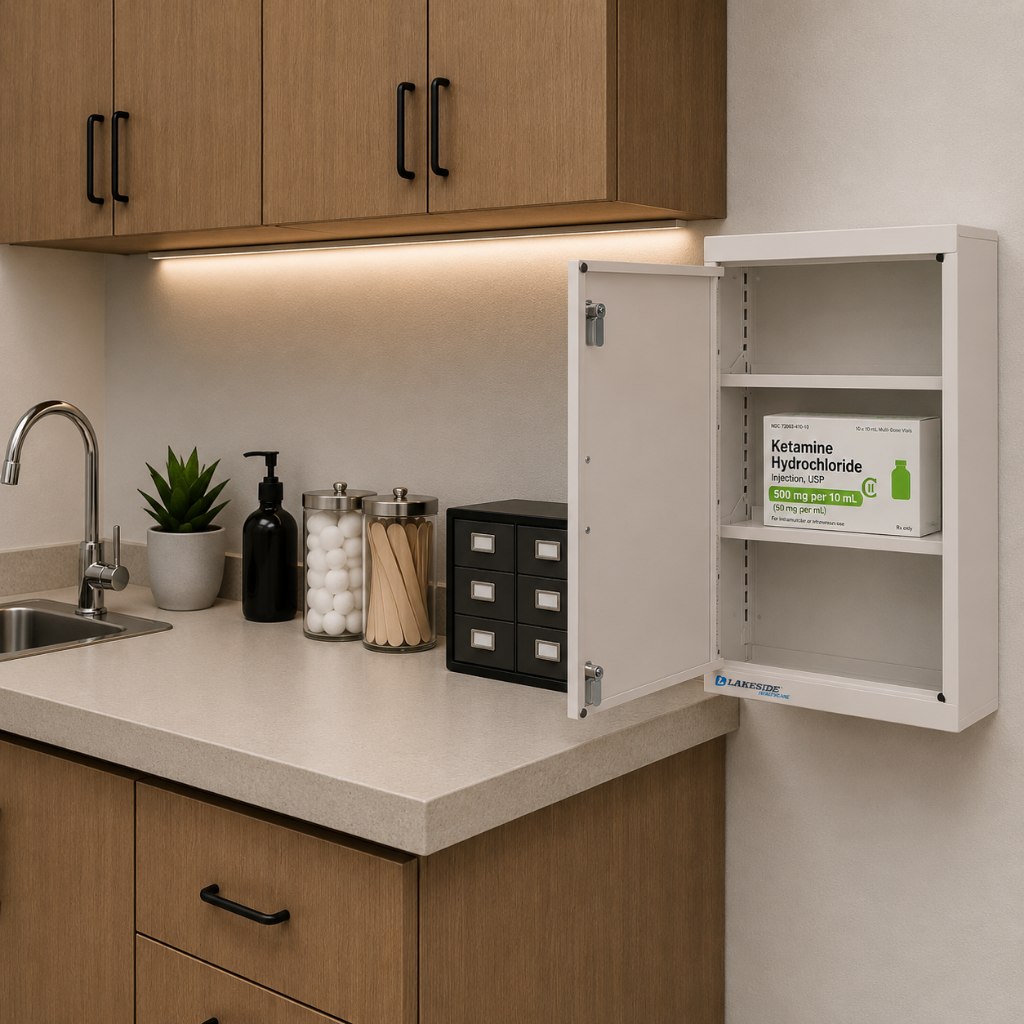 The Lakeside Dual Locking Narcotic Cabinet (LNC-2) shown mounted against a wall and in use.