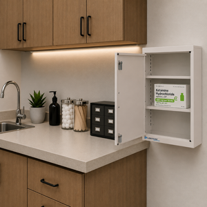 The Lakeside Dual Locking Narcotic Cabinet (LNC-2) shown mounted against a wall and in use.