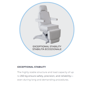 Lemi X Treatment Chair features exceptional stability. The highly stable structure and load capacity of up to 250kg ensure safety, precision, and reliability - even during long and demanding procedures.