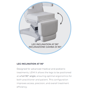 Lemi X Treatment Chair features Leg Inclination at 90 degrees ensuring optimal ergonomics for both practitioner and patient. This configuration improves access, precision, and overall treatment efficiency. 