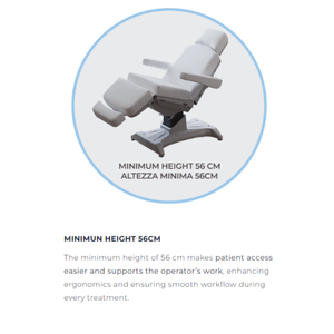Lemi X Treatment Chair features a maximum height of 56cm. This makes patient access easier and supports the operator's work, enhancing ergonomics and ensuring smooth workflow during every treatment.