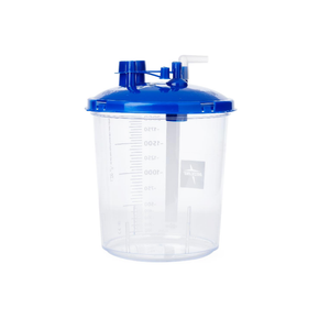 Medline Rigid Suction Canister with Locking Lid 1200cc back view showing a clear graduated canister with a blue lid and ports