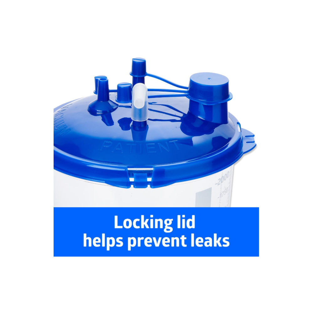 Medline Rigid Suction Canister with Locking Lid 1200cc close up of the blue locking lid with a “Locking lid helps prevent leaks” callout