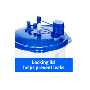 Medline Rigid Suction Canister with Locking Lid 1200cc close up of the blue locking lid with a “Locking lid helps prevent leaks” callout