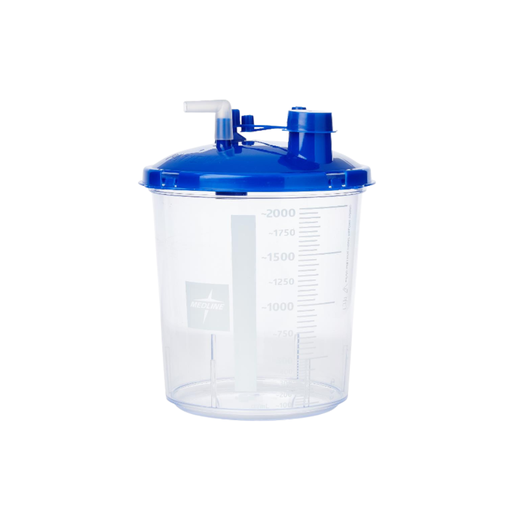 Medline Rigid Suction Canister with Locking Lid 1200cc front view showing a clear graduated canister with a blue lid and ports