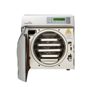 Midmark Ritter M9® Steam Sterilizer Autoclave - Classic  (New) tabletop steam sterilizer with large chamber and LCD controls, designed for medical, dental, and outpatient practices illustrating the inside.