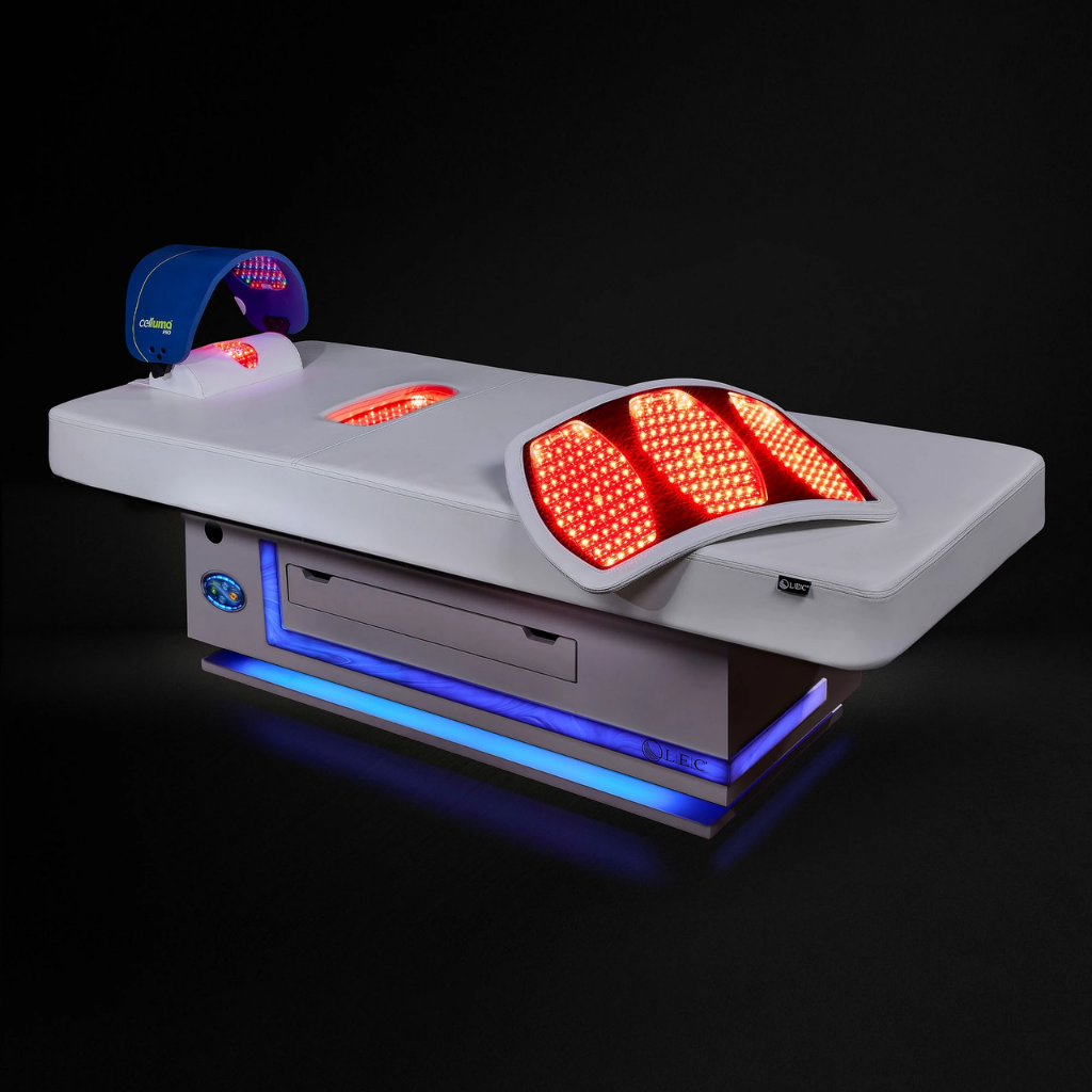 Radiance PT Pulsed LED Light Therapy Treatment Table in a dark setting.