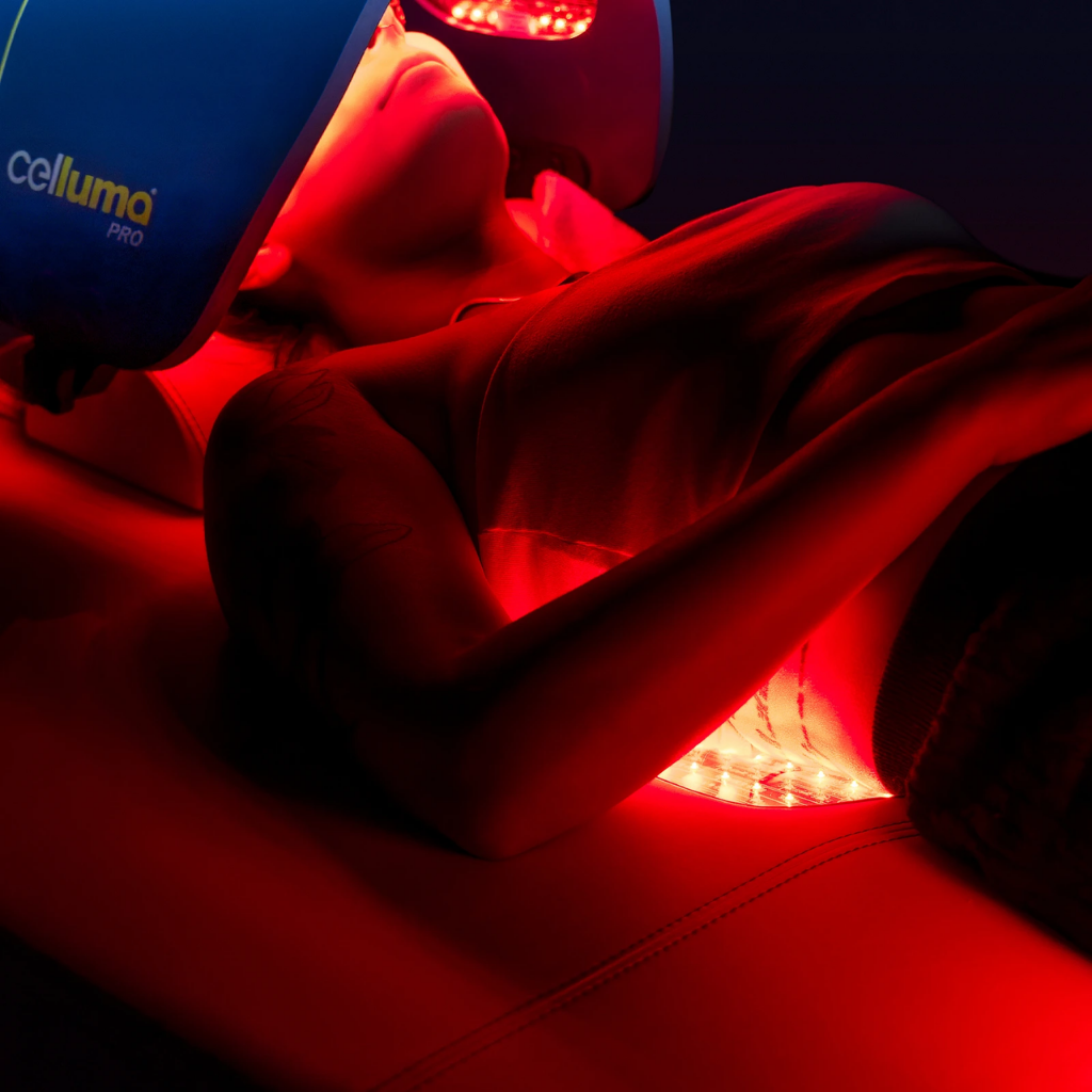 Radiance PT Pulsed LED Light Therapy Treatment Table illustrating the face shield with model.