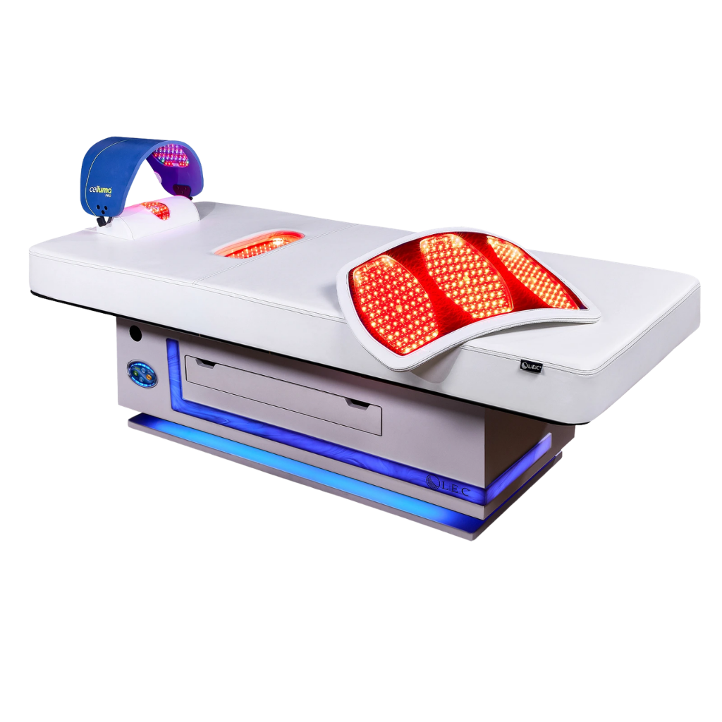 Radiance PT Pulsed LED Light Therapy Treatment Table in white with all panels switched on.