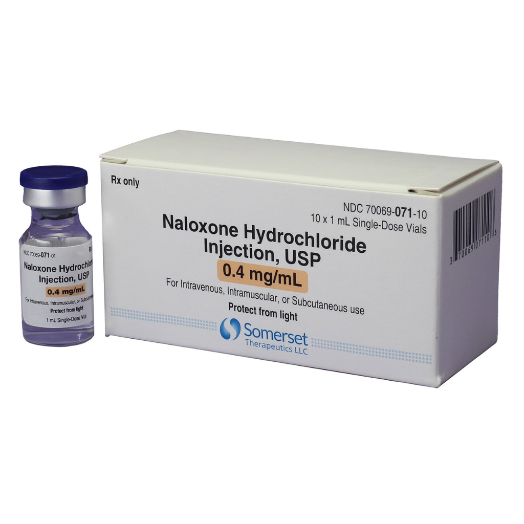 Somerset Therapeutics Naloxone Hydrochloride Injection, USP 0.4 mg/mL single-dose vial with navy blue cap, shown beside its white 10-vial carton
