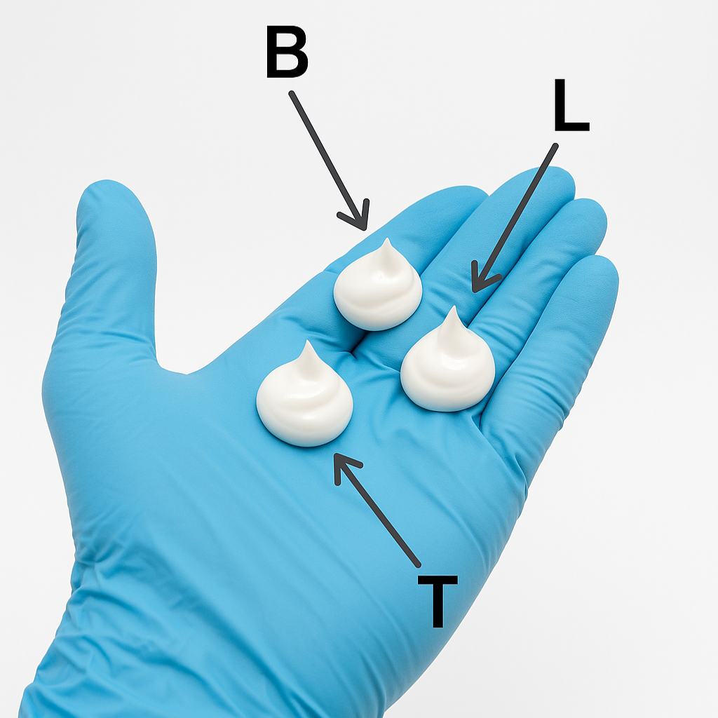 NeuroMed BLT Cream Benzocaine, Lidocaine, Tetracaine, on a blue gloved hand