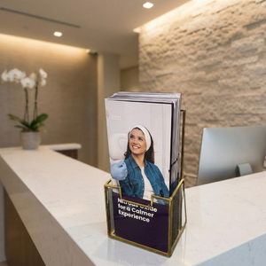 Gold stand with a tri-fold brochure for nitrous oxide on a reception desk in a medical wellness office setting