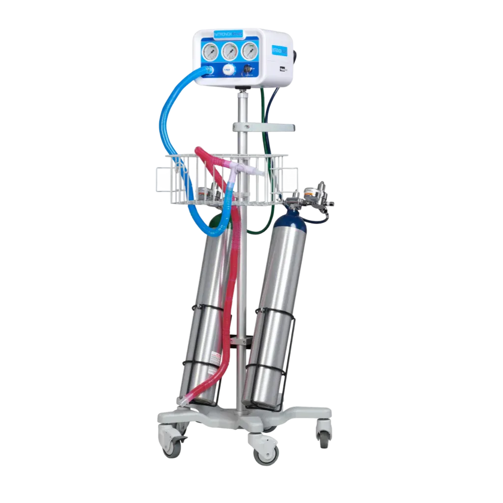 Portable medical device with cylinders and hoses on a white background