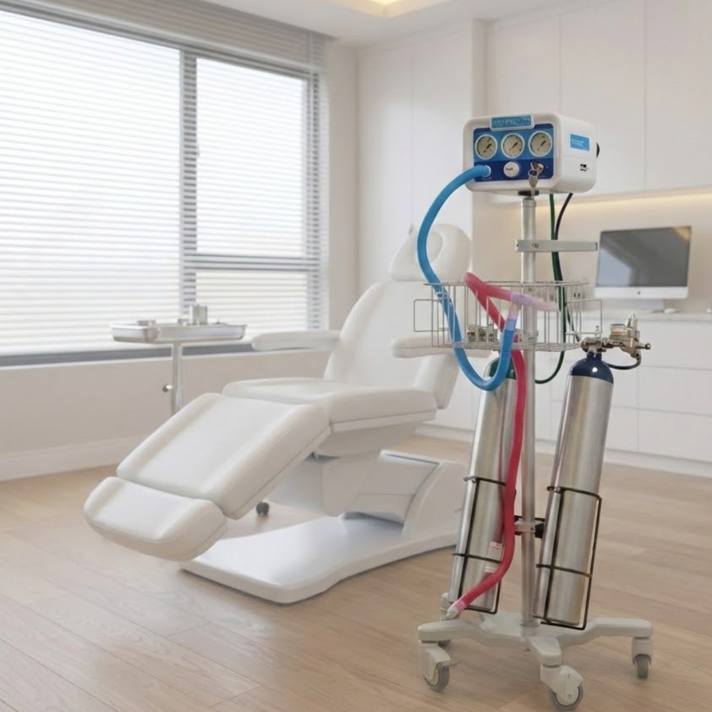 Nitronox nitrous oxide device in a medical aesthetics treatment room with a white exam chair in the background