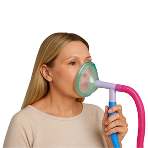 Woman using a Nitronox nitrous oxide mask with a blue and pink tube on a white background