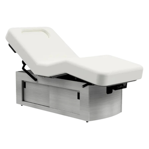 Oakwork Prema e-nvi white medical examination table with grey wood base on a white background