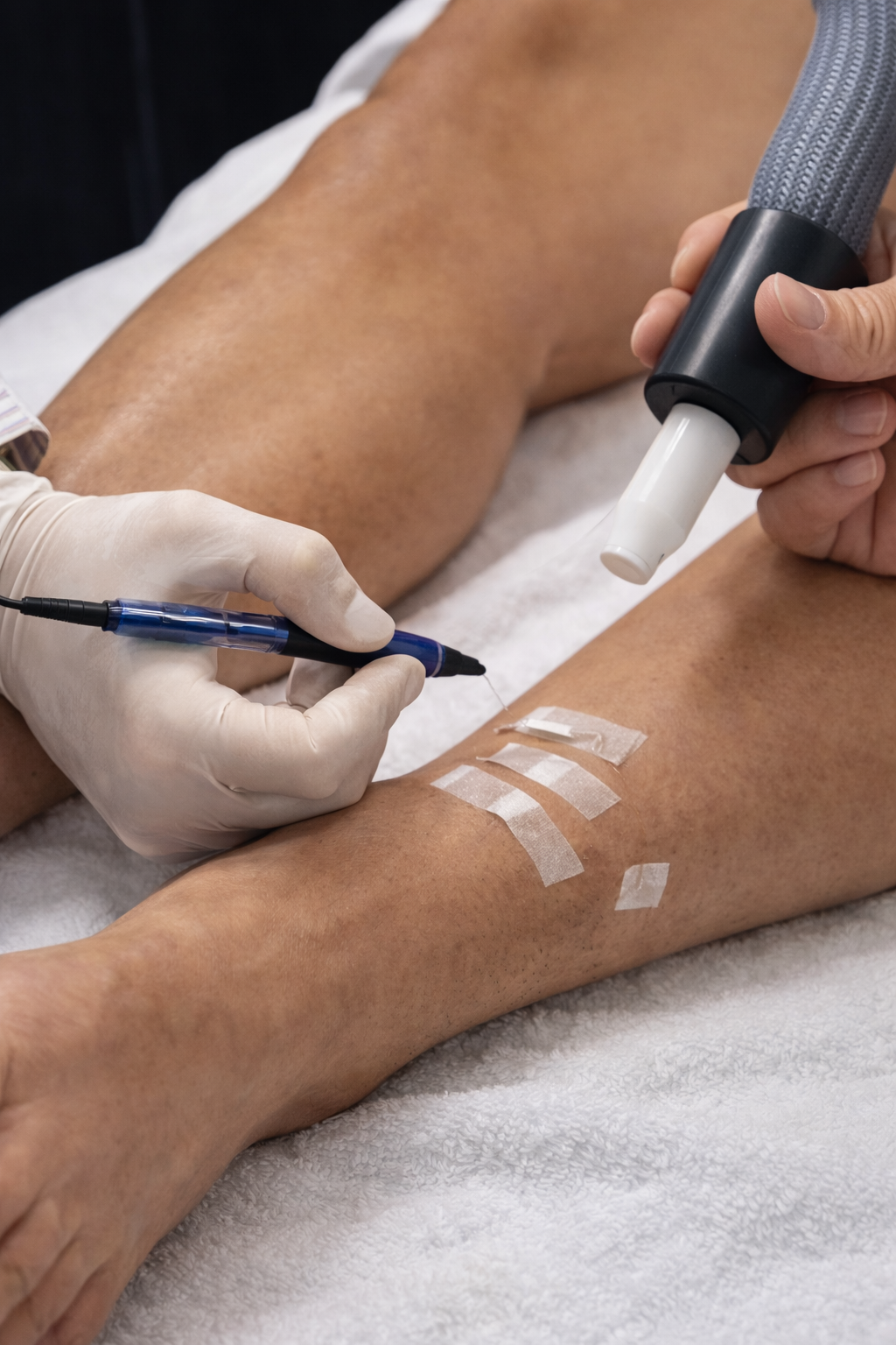 Person receiving laser hair removal treatment on their leg.