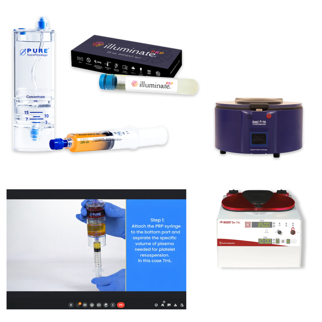 Collection of medical equipment and supplies with visible branding on a white background.