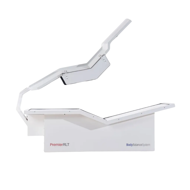 Body Balance System Premier RLT red light therapy bed on a white background with door open
