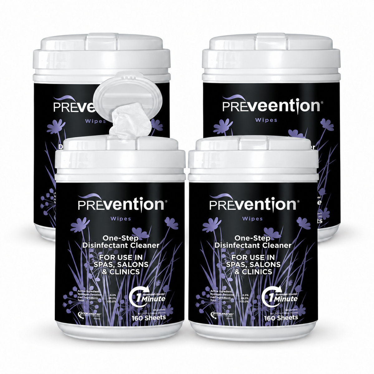 Image of  four cannisters of Prevention Wipes on a white background