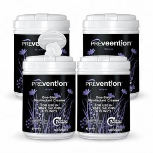 Image of  four cannisters of Prevention Wipes on a white background