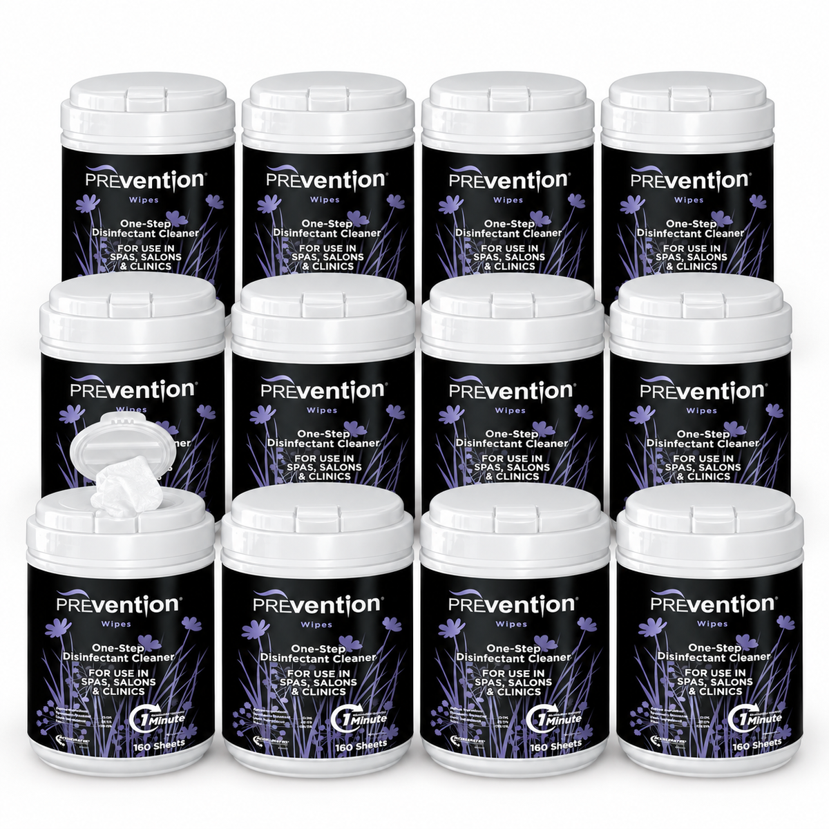 Prevention Wipes Case showing 12 cannisters on a white background