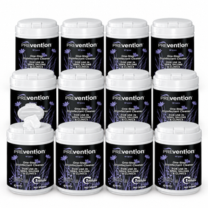 Prevention Wipes Case showing 12 cannisters on a white background