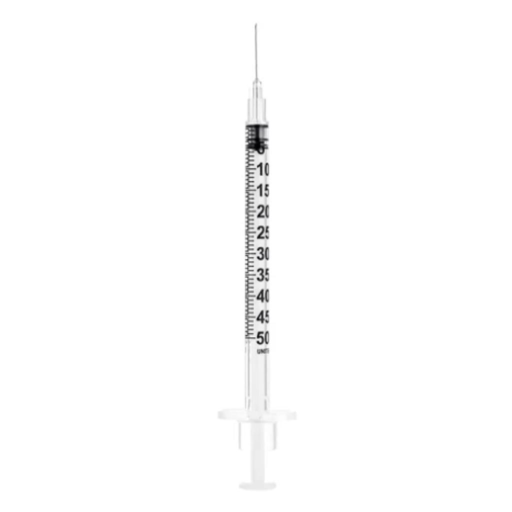 SOL-M Insulin Syringe with Fixed Needle U 100 Insulin Only PE Bag Front View Uncapped