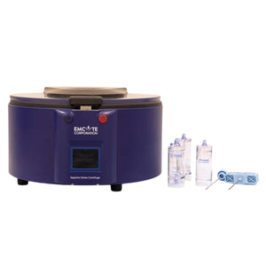 Emcyte Sapphire Centrifuge with PRP kits on a white background