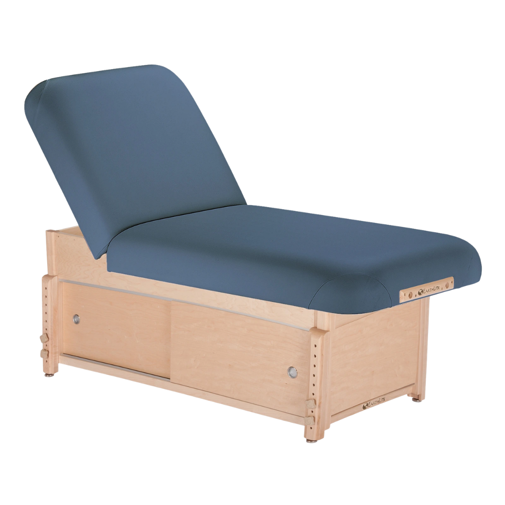 Earthlite Sedona Pneumatic Tilt Massage Table with Mystic Blue upholstery and cabinet base for storage in medical wellness and med spa practices.