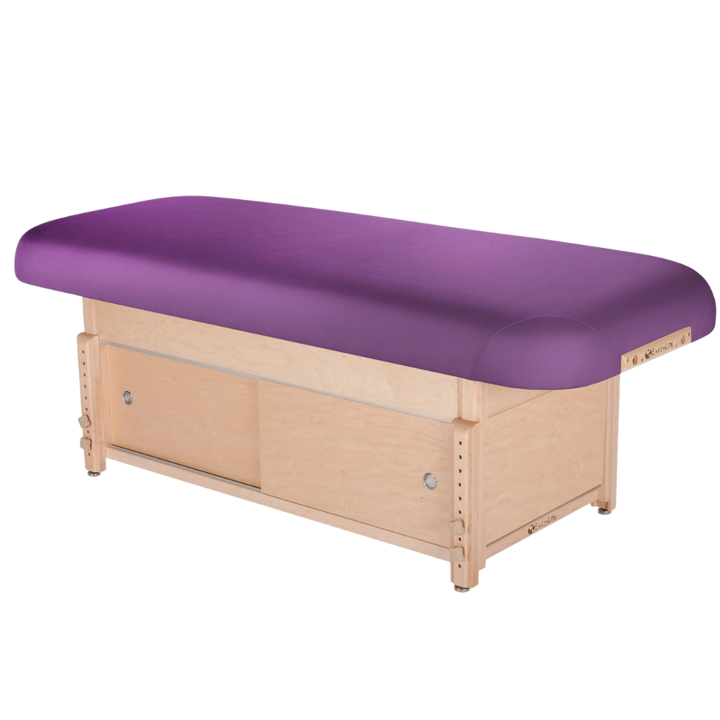 Earthlite Sedona Flat Top Spa & Massage Table with Amethyst upholstery and enclosed cabinet base for storage in med spa and medical wellness practices.