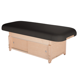 Earthlite Sedona Flat Top Spa & Massage Table with black upholstery and enclosed cabinet base for storage in med spa and medical wellness practices.