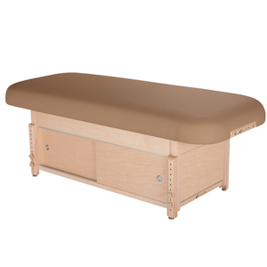 Earthlite Sedona Flat Top Spa & Massage Table with Latte upholstery and enclosed cabinet base for storage in med spa and medical wellness practices.