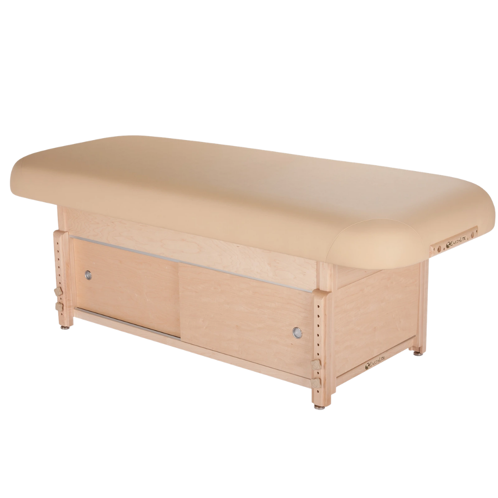 Earthlite Sedona Flat Top Spa & Massage Table with Marie's Beige upholstery and enclosed cabinet base for storage in med spa and medical wellness practices.